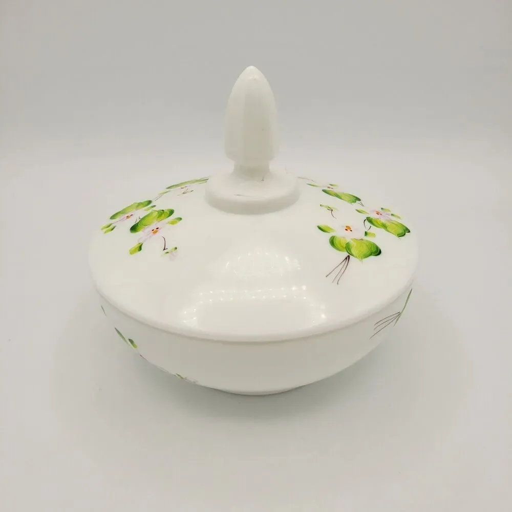 Vintage Fenton Pink Blossoms in the Snow Covered Candy Dish Painted Milk Glass